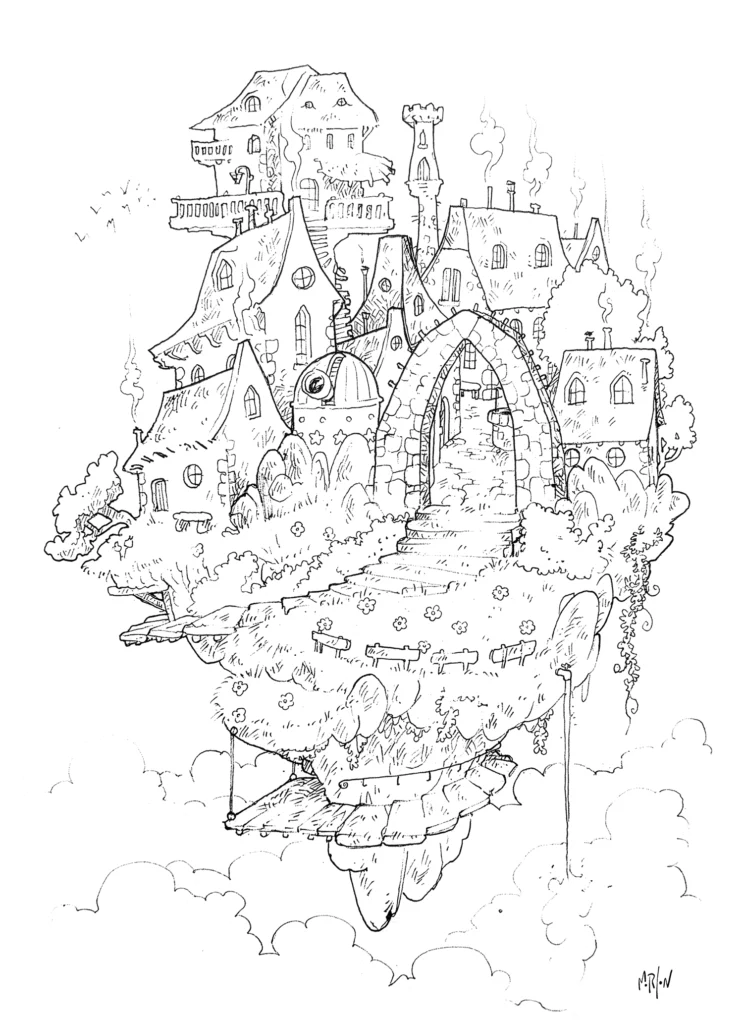 illustration d'un village perché dans le ciel par Loïc Morlon - Morlon Création - illustrateur à Montélimar