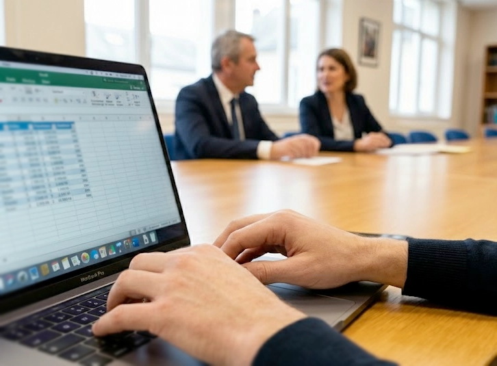 Élaboration d’un tableau de la liste des maires sur ordinateur, avec échanges entre élus municipaux en arrière-plan