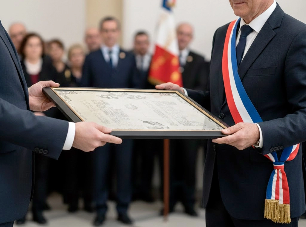 Remise d’un tableau de la liste des maires à une commune, création graphique institutionnelle réalisée à partir de recherches en archives