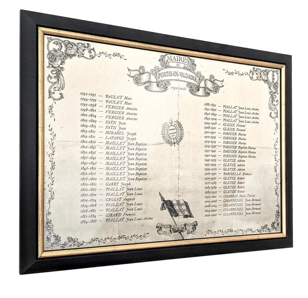 Tableau de la liste des maires de Portes-en-Valdaine depuis la Révolution française, encadré et présenté au style patrimonial