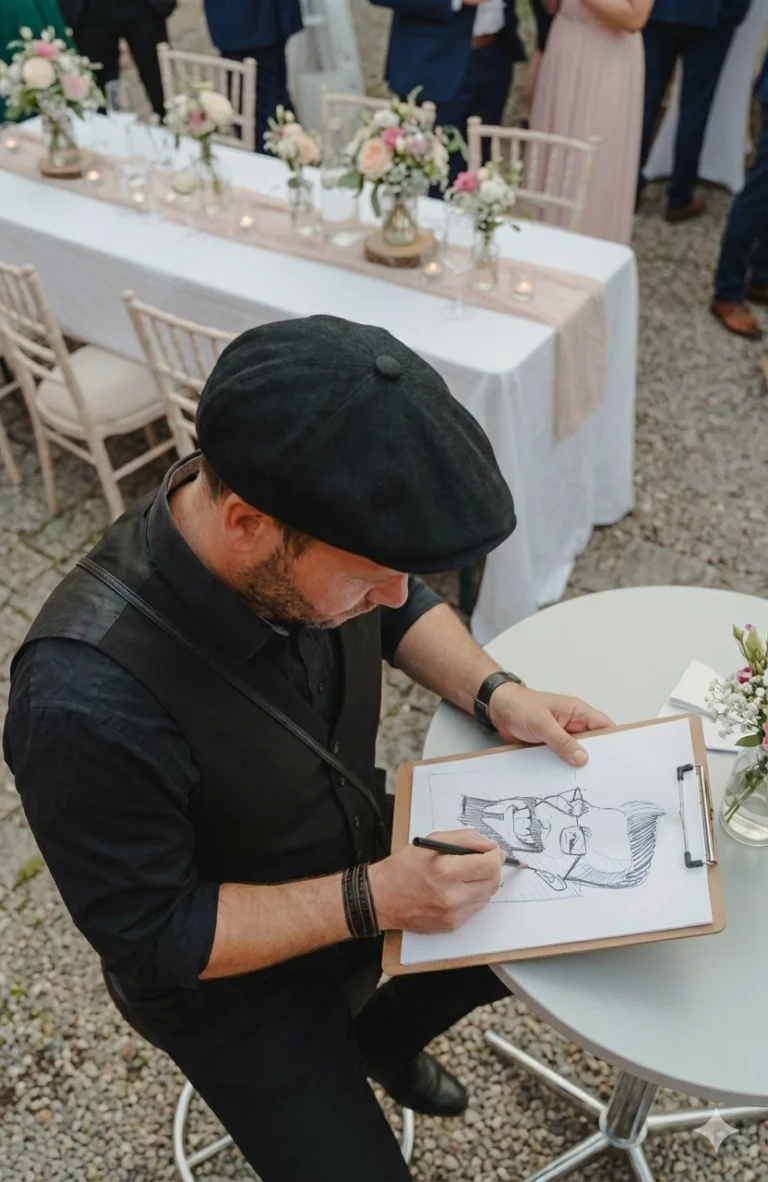 Caricaturiste dessinant sur planche pendant une réception