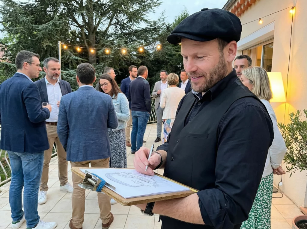 Caricaturiste dessinant sur planche lors d’un événement d’entreprise