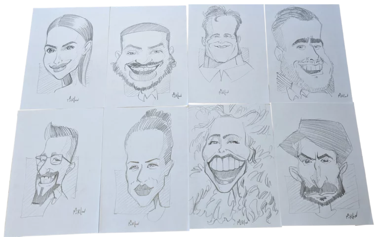 Planche regroupant plusieurs caricatures réalisées en événement
