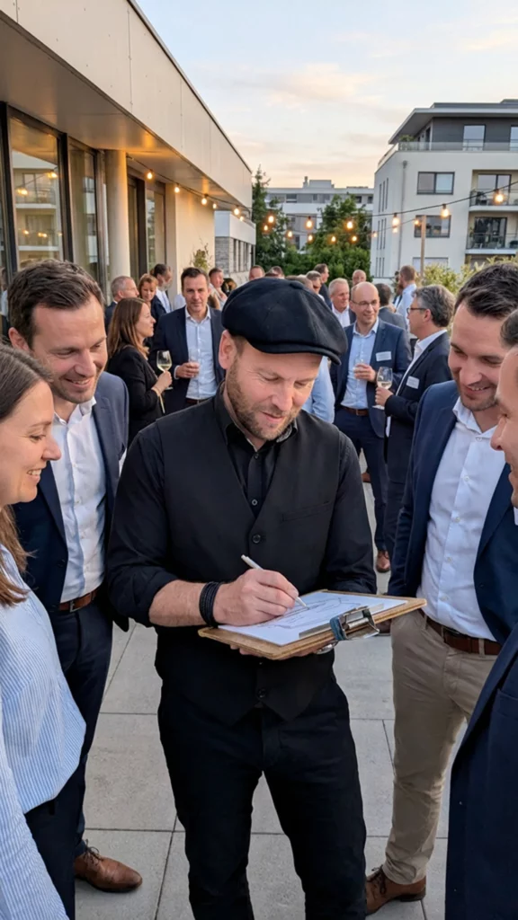 Caricaturiste dessinant pendant un coktail en terrasse